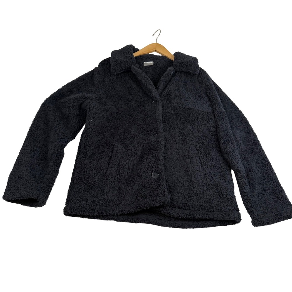 32 Degrees Heat Womens Navy Blue Faux Fur Teddy Fleece Button Front Jacket M